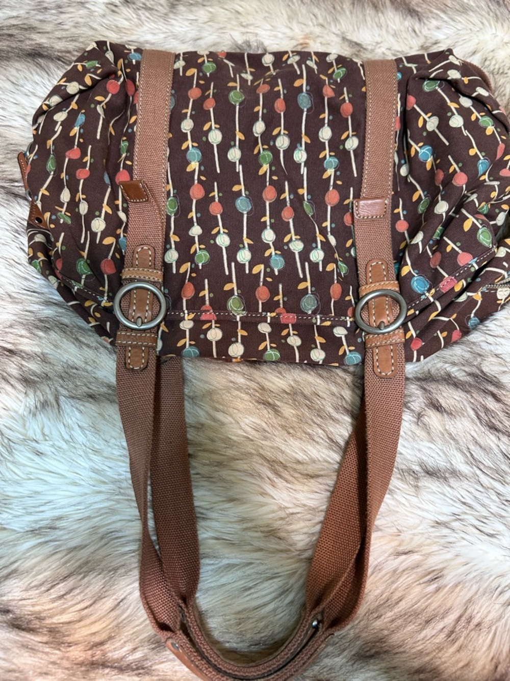 Fossil Brown Canvas Tote with Colorful Dot Stem Print and Green Lined Interior - Picture 4 of 9